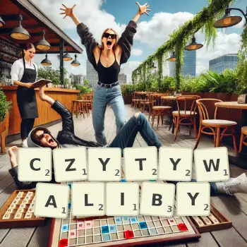 Kreatywna ilustracja do gry w Scrabble ze słowem CZYTYWALIBY ułożonym z płytek na planszy.