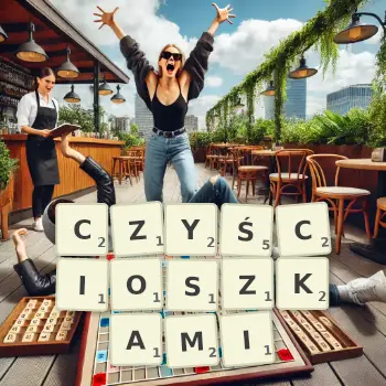 Kreatywna ilustracja do gry w Scrabble ze słowem CZYŚCIOSZKAMI ułożonym z płytek na planszy.