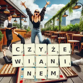 Kreatywna ilustracja do gry w Scrabble ze słowem CZYŻEWIANINEM ułożonym z płytek na planszy.