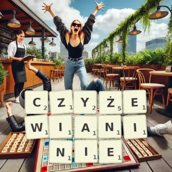 Kreatywna ilustracja do gry w Scrabble ze słowem CZYŻEWIANINIE ułożonym z płytek na planszy.