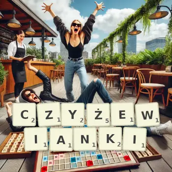 Kreatywna ilustracja do gry w Scrabble ze słowem CZYŻEWIANKI ułożonym z płytek na planszy.
