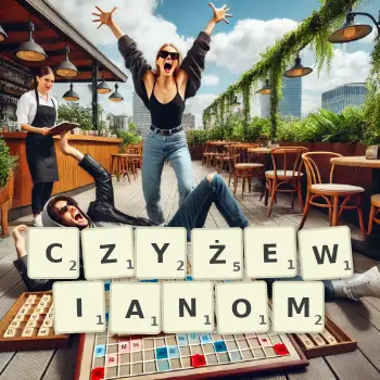 Kreatywna ilustracja do gry w Scrabble ze słowem CZYŻEWIANOM ułożonym z płytek na planszy.