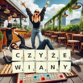 Kreatywna ilustracja do gry w Scrabble ze słowem CZYŻEWIANY ułożonym z płytek na planszy.