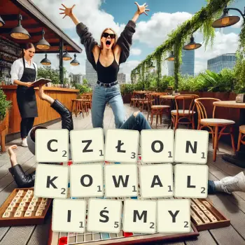 Kreatywna ilustracja do gry w Scrabble ze słowem CZŁONKOWALIŚMY ułożonym z płytek na planszy.