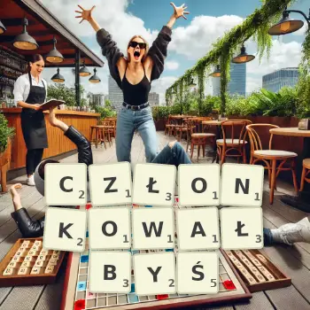 Kreatywna ilustracja do gry w Scrabble ze słowem CZŁONKOWAŁBYŚ ułożonym z płytek na planszy.