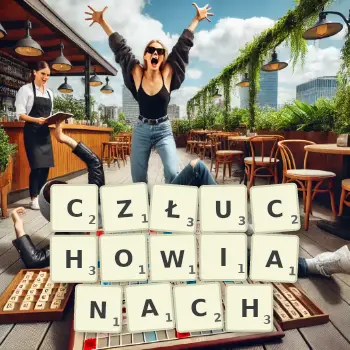 Kreatywna ilustracja do gry w Scrabble ze słowem CZŁUCHOWIANACH ułożonym z płytek na planszy.