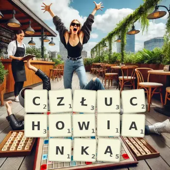 Kreatywna ilustracja do gry w Scrabble ze słowem CZŁUCHOWIANKĄ ułożonym z płytek na planszy.