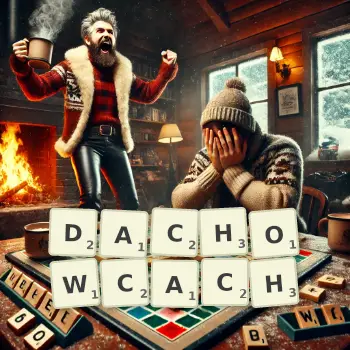 Kreatywna ilustracja do gry w Scrabble ze słowem DACHOWCACH ułożonym z płytek na planszy.