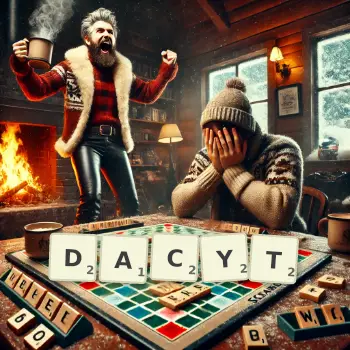 Kreatywna ilustracja do gry w Scrabble ze słowem DACYT ułożonym z płytek na planszy.