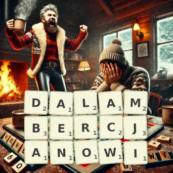 Kreatywna ilustracja do gry w Scrabble ze słowem DALAMBERCJANOWI ułożonym z płytek na planszy.