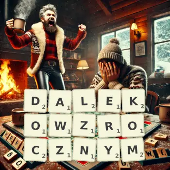 Kreatywna ilustracja do gry w Scrabble ze słowem DALEKOWZROCZNYM ułożonym z płytek na planszy.