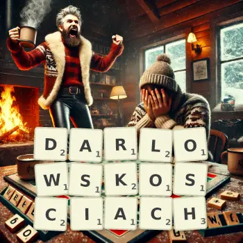 Kreatywna ilustracja do gry w Scrabble ze słowem DARLOWSKOSCIACH ułożonym z płytek na planszy.
