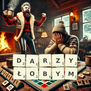 Kreatywna ilustracja do gry w Scrabble ze słowem DARZYŁOBYM ułożonym z płytek na planszy.