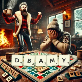Kreatywna ilustracja do gry w Scrabble ze słowem DBAMY ułożonym z płytek na planszy.