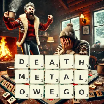 Kreatywna ilustracja do gry w Scrabble ze słowem DEATHMETALOWEGO ułożonym z płytek na planszy.