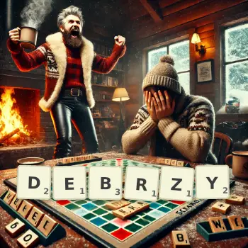 Kreatywna ilustracja do gry w Scrabble ze słowem DEBRZY ułożonym z płytek na planszy.