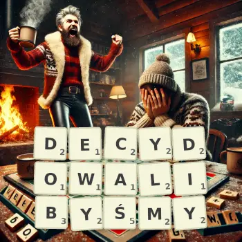 Kreatywna ilustracja do gry w Scrabble ze słowem DECYDOWALIBYŚMY ułożonym z płytek na planszy.