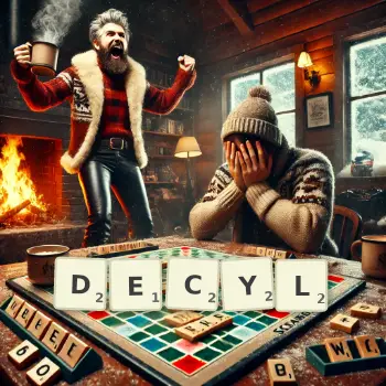 Kreatywna ilustracja do gry w Scrabble ze słowem DECYL ułożonym z płytek na planszy.