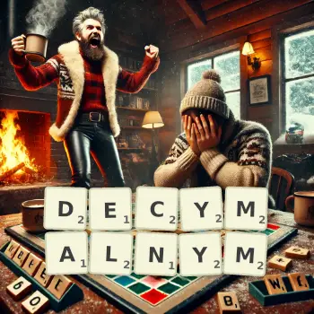 Kreatywna ilustracja do gry w Scrabble ze słowem DECYMALNYM ułożonym z płytek na planszy.