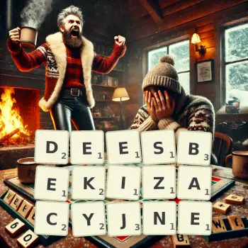 Kreatywna ilustracja do gry w Scrabble ze słowem DEESBEKIZACYJNE ułożonym z płytek na planszy.