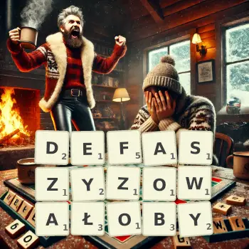 Kreatywna ilustracja do gry w Scrabble ze słowem DEFASZYZOWAŁOBY ułożonym z płytek na planszy.