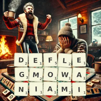 Kreatywna ilustracja do gry w Scrabble ze słowem DEFLEGMOWANIAMI ułożonym z płytek na planszy.