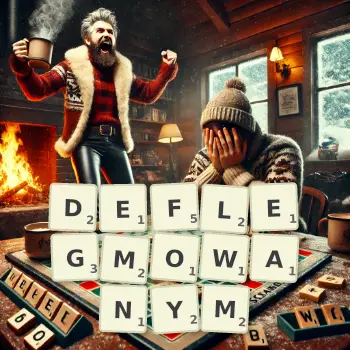 Kreatywna ilustracja do gry w Scrabble ze słowem DEFLEGMOWANYM ułożonym z płytek na planszy.