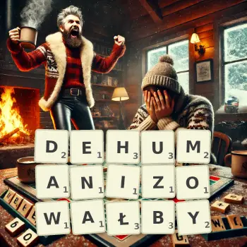 Kreatywna ilustracja do gry w Scrabble ze słowem DEHUMANIZOWAŁBY ułożonym z płytek na planszy.