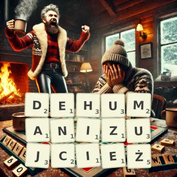 Kreatywna ilustracja do gry w Scrabble ze słowem DEHUMANIZUJCIEŻ ułożonym z płytek na planszy.