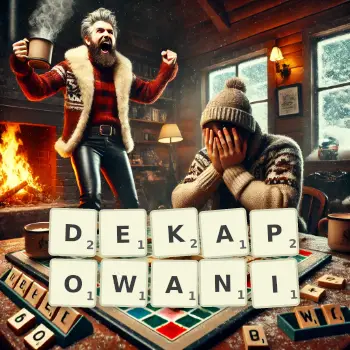 Kreatywna ilustracja do gry w Scrabble ze słowem DEKAPOWANI ułożonym z płytek na planszy.