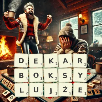 Kreatywna ilustracja do gry w Scrabble ze słowem DEKARBOKSYLUJŻE ułożonym z płytek na planszy.