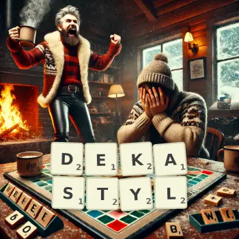 Kreatywna ilustracja do gry w Scrabble ze słowem DEKASTYL ułożonym z płytek na planszy.