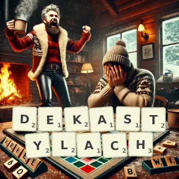 Kreatywna ilustracja do gry w Scrabble ze słowem DEKASTYLACH ułożonym z płytek na planszy.