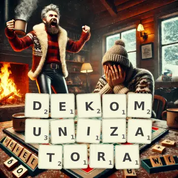 Kreatywna ilustracja do gry w Scrabble ze słowem DEKOMUNIZATORA ułożonym z płytek na planszy.