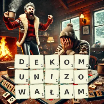 Kreatywna ilustracja do gry w Scrabble ze słowem DEKOMUNIZOWAŁAM ułożonym z płytek na planszy.