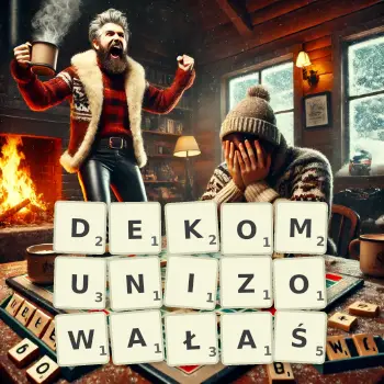Kreatywna ilustracja do gry w Scrabble ze słowem DEKOMUNIZOWAŁAŚ ułożonym z płytek na planszy.