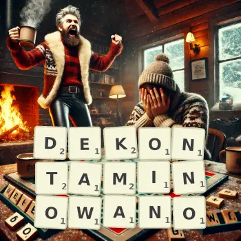 Kreatywna ilustracja do gry w Scrabble ze słowem DEKONTAMINOWANO ułożonym z płytek na planszy.