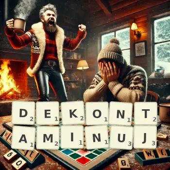 Kreatywna ilustracja do gry w Scrabble ze słowem DEKONTAMINUJ ułożonym z płytek na planszy.