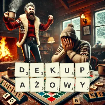 Kreatywna ilustracja do gry w Scrabble ze słowem DEKUPAŻOWY ułożonym z płytek na planszy.