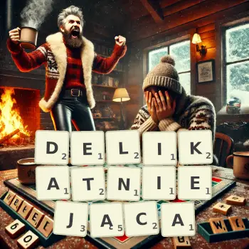 Kreatywna ilustracja do gry w Scrabble ze słowem DELIKATNIEJĄCA ułożonym z płytek na planszy.