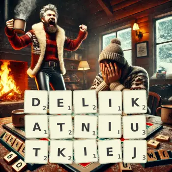 Kreatywna ilustracja do gry w Scrabble ze słowem DELIKATNIUTKIEJ ułożonym z płytek na planszy.