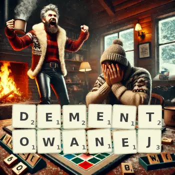 Kreatywna ilustracja do gry w Scrabble ze słowem DEMENTOWANEJ ułożonym z płytek na planszy.