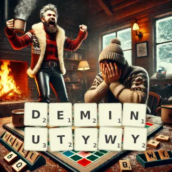 Kreatywna ilustracja do gry w Scrabble ze słowem DEMINUTYWY ułożonym z płytek na planszy.