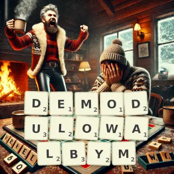 Kreatywna ilustracja do gry w Scrabble ze słowem DEMODULOWALBYM ułożonym z płytek na planszy.