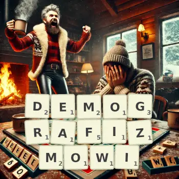Kreatywna ilustracja do gry w Scrabble ze słowem DEMOGRAFIZMOWI ułożonym z płytek na planszy.