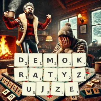Kreatywna ilustracja do gry w Scrabble ze słowem DEMOKRATYZUJZE ułożonym z płytek na planszy.