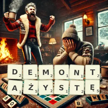 Kreatywna ilustracja do gry w Scrabble ze słowem DEMONTAŻYSTĘ ułożonym z płytek na planszy.