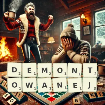 Kreatywna ilustracja do gry w Scrabble ze słowem DEMONTOWANEJ ułożonym z płytek na planszy.