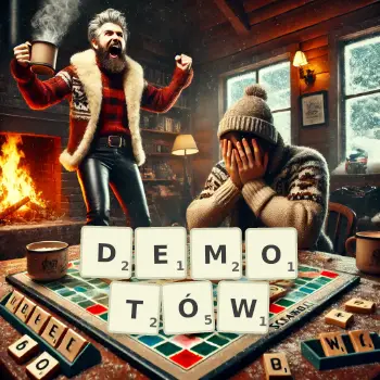 Kreatywna ilustracja do gry w Scrabble ze słowem DEMOTÓW ułożonym z płytek na planszy.
