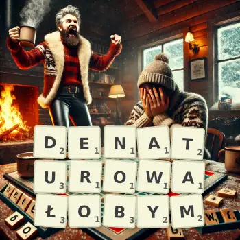 Kreatywna ilustracja do gry w Scrabble ze słowem DENATUROWAŁOBYM ułożonym z płytek na planszy.
